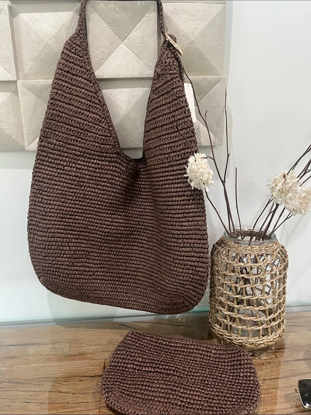 Anthropologie Chocolate Brown raffia Shoulder Bag